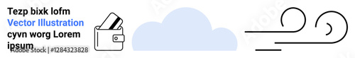 Wallet with credit cards, blue cloud, and wind swirl icons conveying finance, cloud technology, weather, and movement. Ideal for finance, tech climate mobility apps websites posters. Landing