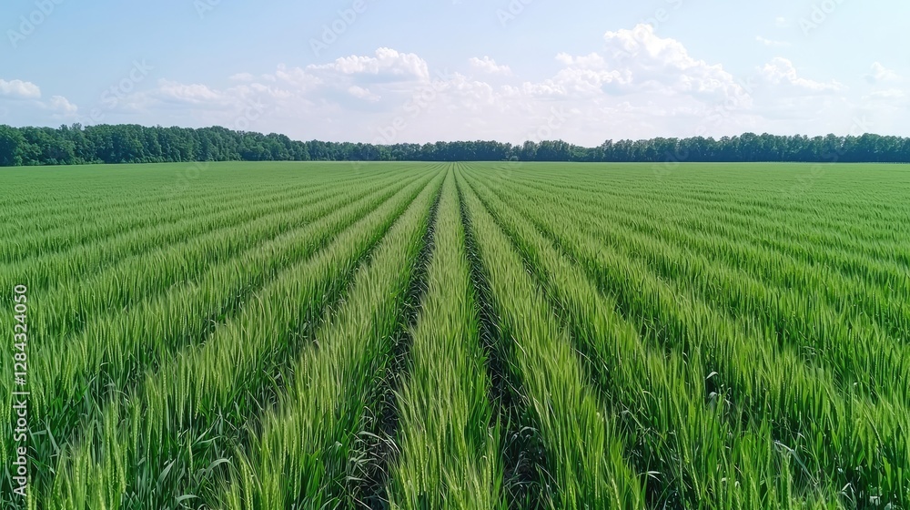 Aerial view of green wheat field, sunny day, rural landscape, agriculture Aerial view of green wheat field, sunny day, rural landscape, agriculture