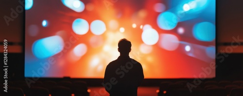 Silhouette of man watching colorful lights on giant screen in dark theater