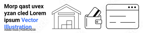 Warehouse building, wallet with credit cards, web browser window. Ideal for e-commerce, online shopping, digital transactions, logistic management, financial services, online platforms interface