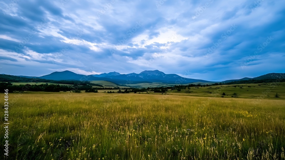 Expansive View of Majestic Mountains Under Dynamic Sky with Open Meadow : Generative AI