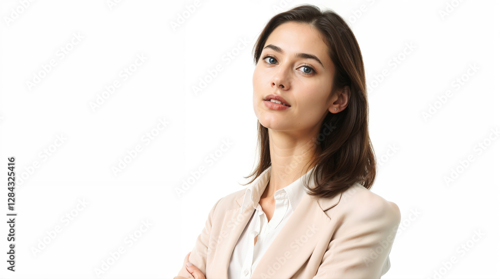Professional young woman in beige blazer against white background Professional young woman in beige blazer against white background