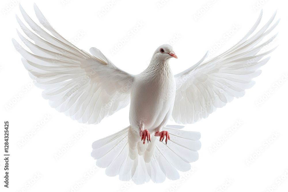 White dove in flight displaying its wings White dove in flight displaying its wings