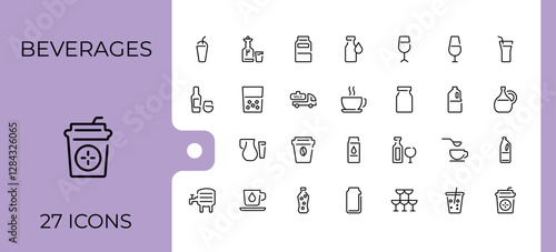 Drink And Juice line icon. Contain linear outline icons party, lemon, soda, cold, coconut, hot, champagne, ice. Pixel perfect. Vector icon and illustration.