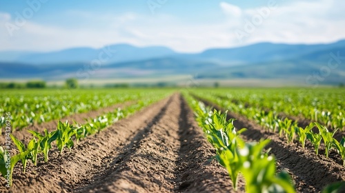 Expansive green vegetable field with rows of young plants stretching towards blue mountains under a clear sky : Generative AI
