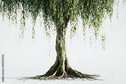 A tall willow tree with long hanging roots agai