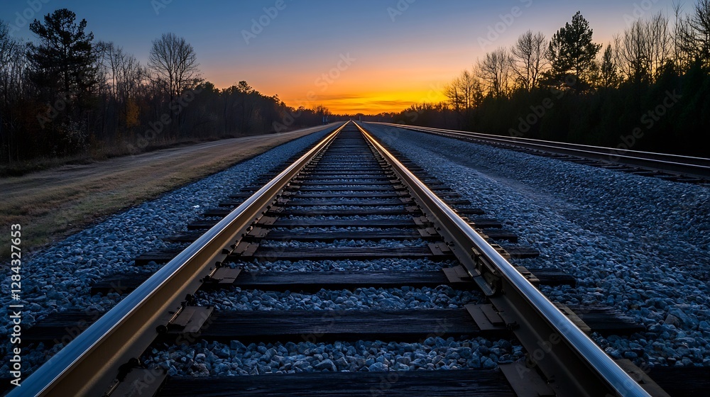 Fototapeta premium Dramatic railway tracks stretching into the distance under a colorful sunset sky : Generative AI