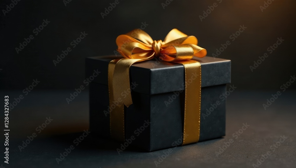 Obraz premium Golden ribbon wrapped around a black gift box, box, luxurious
