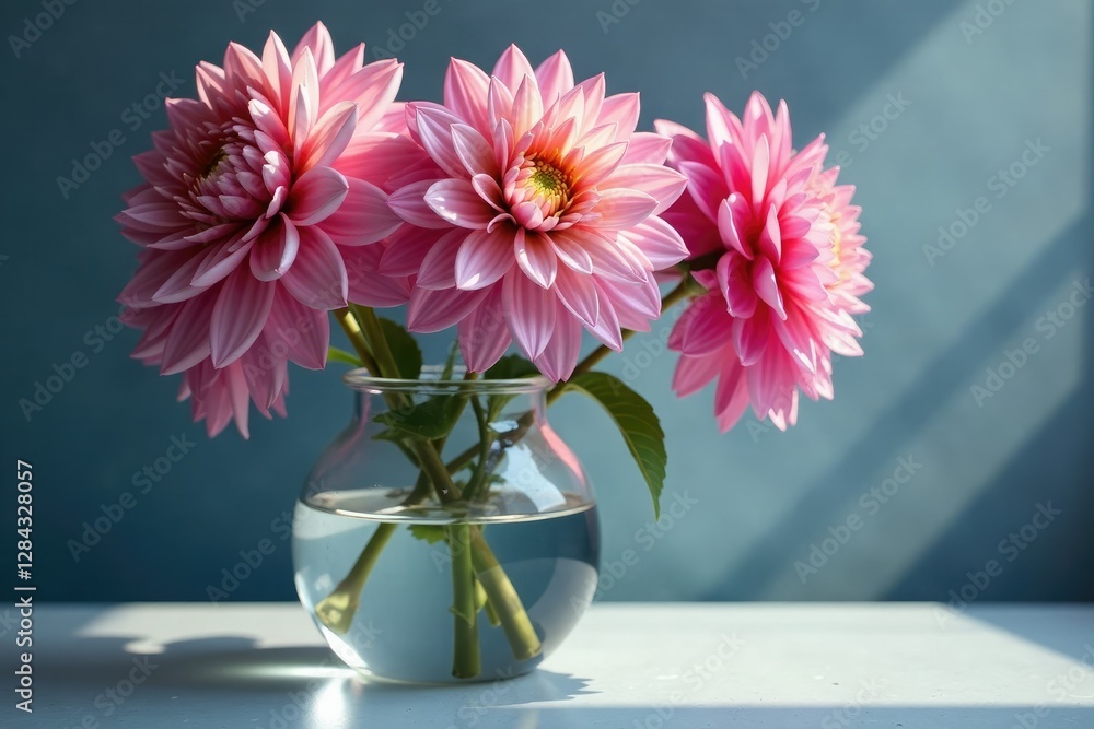 Holographic dahlia blooms in a vase filled with water, shadow, natural Holographic dahlia blooms in a vase filled with water, shadow, natural