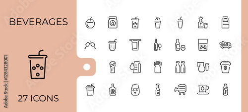 Drink And Juice line icon. Contain linear outline icons party, lemon, soda, cold, coconut, hot, champagne, ice. Pixel perfect. Vector icon and illustration.