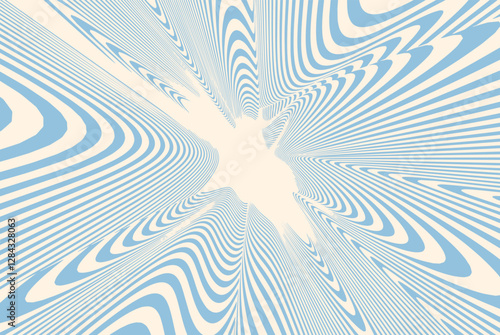 Abstract optical illusion background with blue and beige wavy lines creating a dynamic vortex effect. Psychedelic pattern with distorted curved stripes for retro futuristic.