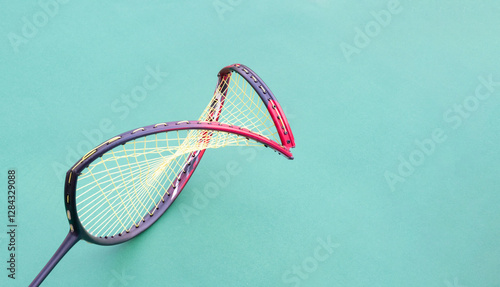 Badminton racket which is broken at the frame from playing by hittting and defending of the players. photo