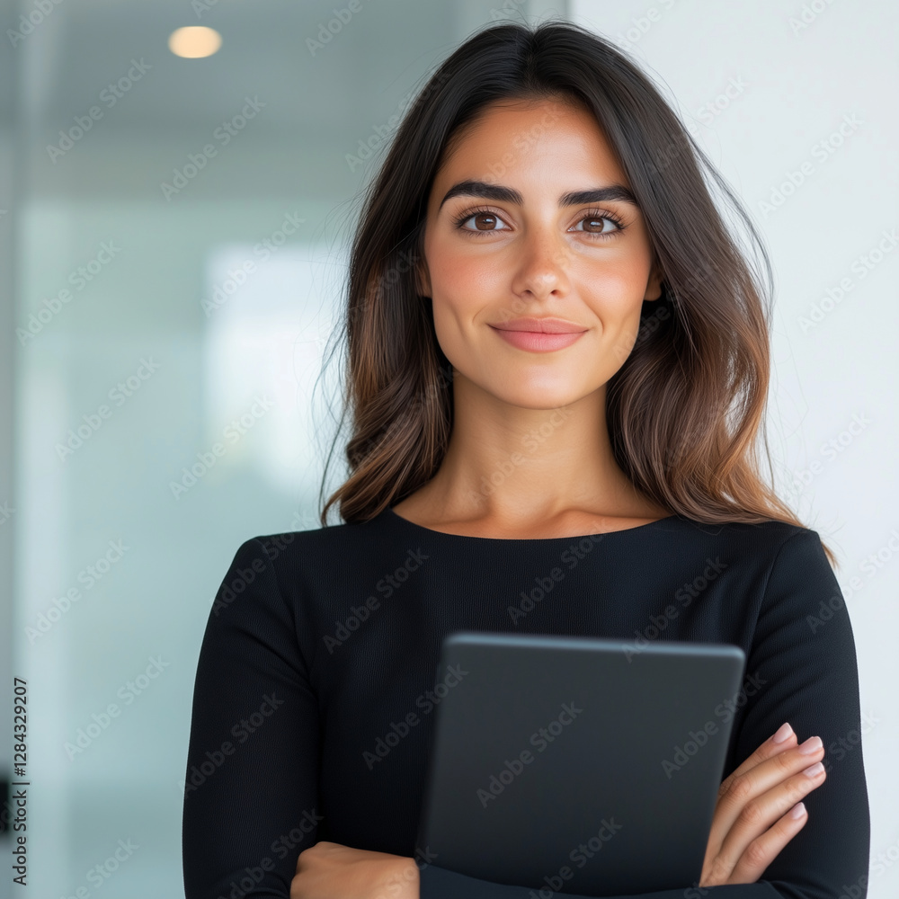 Portrait of young Hispanic professional business woman with luscious eyes standing in office. Portrait of young Hispanic professional business woman with luscious eyes standing in office.