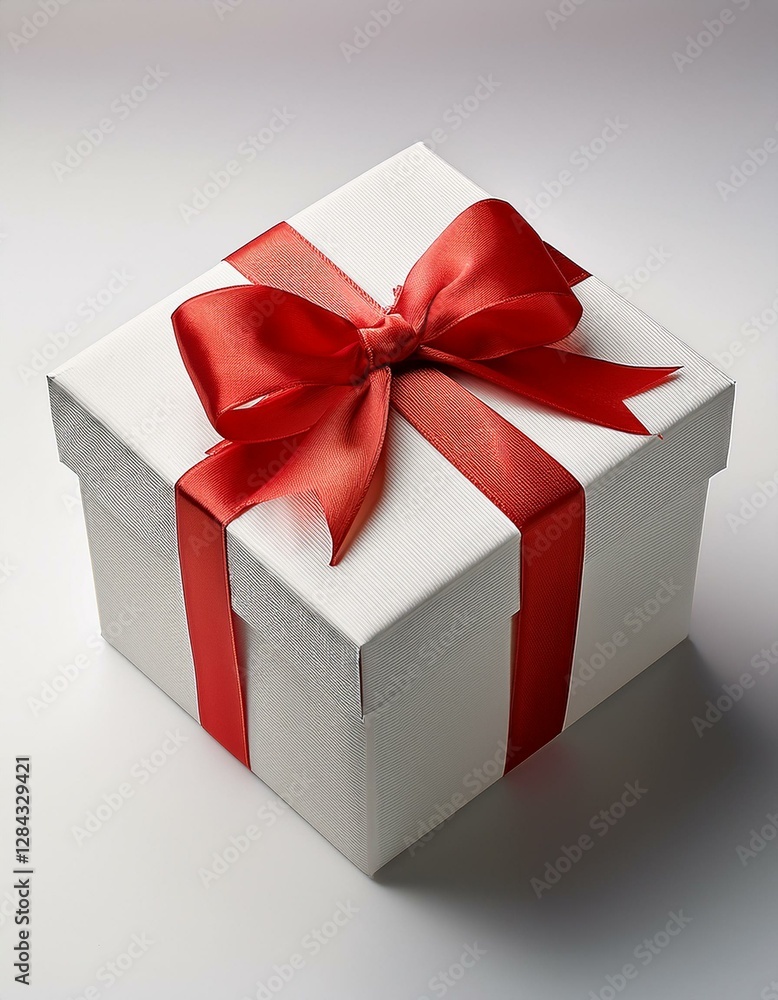 Obraz premium Caja de regalo Blanca, con un lazo rojo en las esquinas fondo blanco neutro