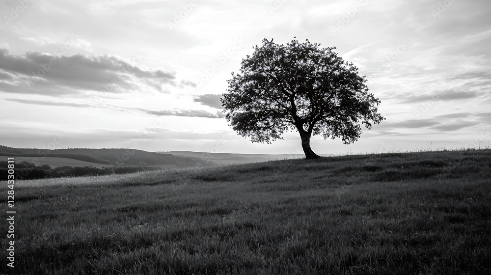 Fototapeta premium Solitary tree standing in a vast open field under a dramatic sky in black and white : Generative AI