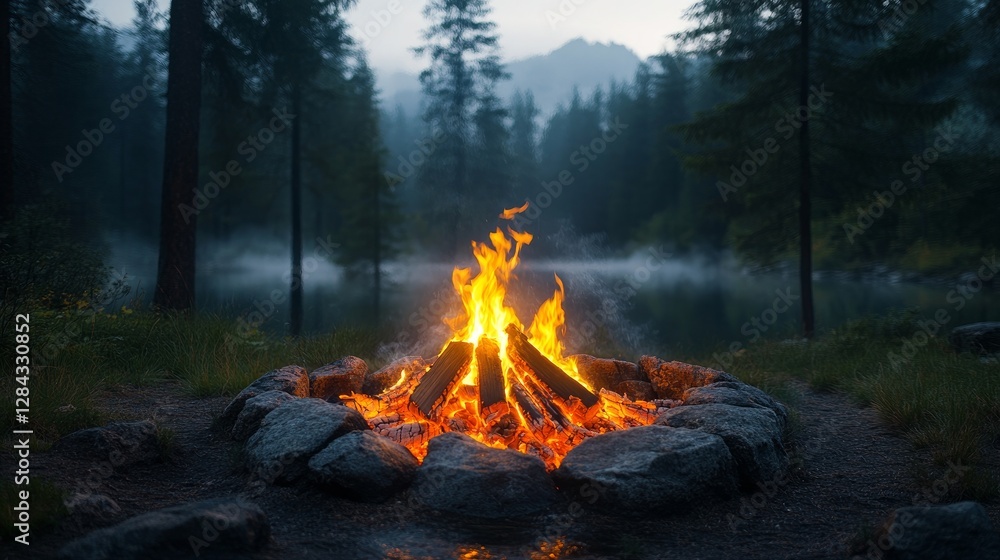 The trees in a woodland flame orange while a campfire burns. Smoke is released into the air as flames dance around brickwork and burning wood. The background is hazy and the night is gloomy. The trees in a woodland flame orange while a campfire burns. Smoke is released into the air as flames dance around brickwork and burning wood. The background is hazy and the night is gloomy.