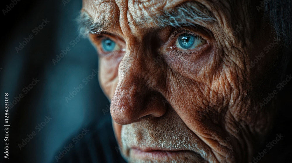 Elderly caucasian male with blue eyes gazing intently showing deep wrinkles Elderly caucasian male with blue eyes gazing intently showing deep wrinkles