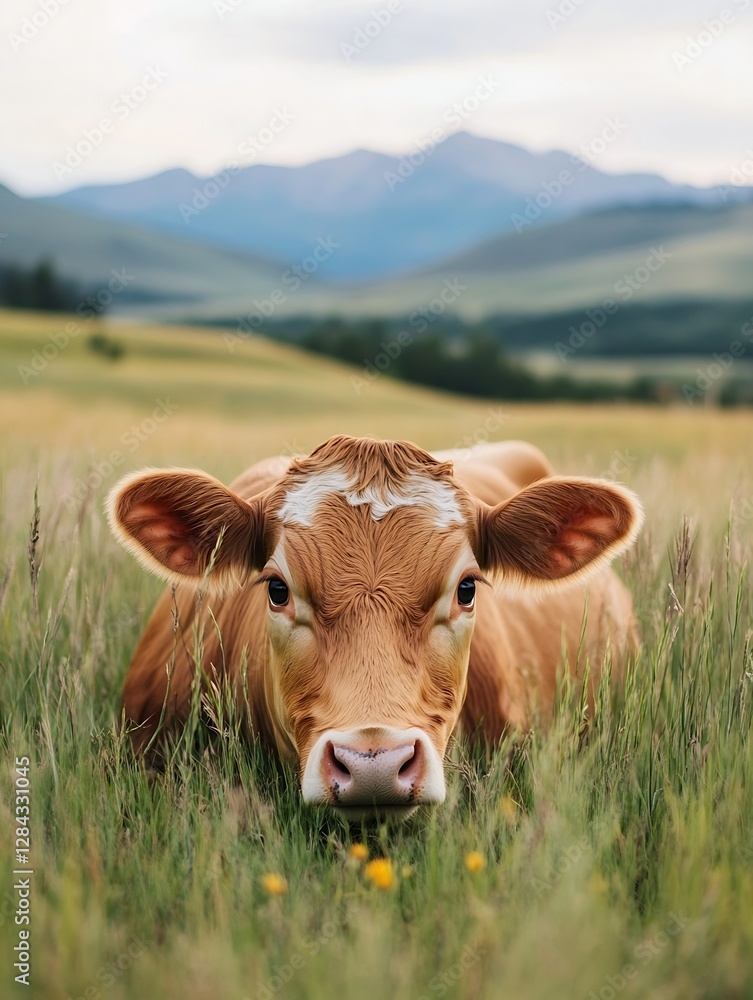 Adorable young cow laying in a lush green field surrounded by rolling hills and distant mountains : Generative AI Adorable young cow laying in a lush green field surrounded by rolling hills and distant mountains : Generative AI