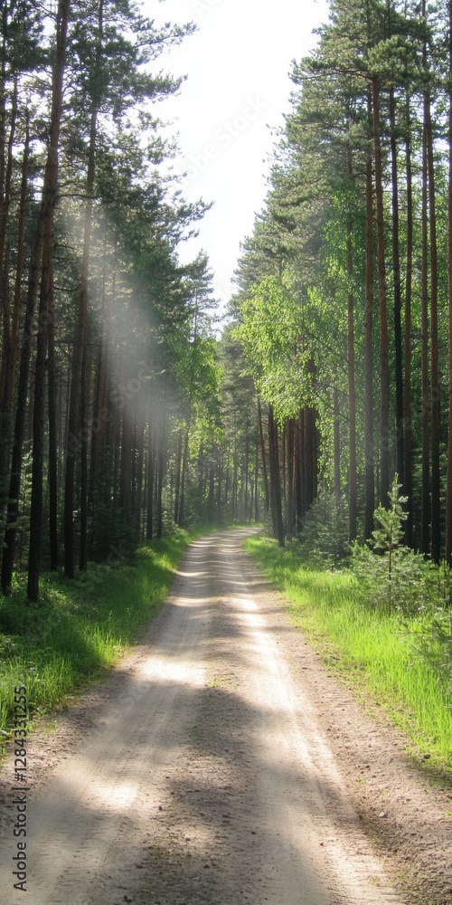 Fototapeta premium A forest road leading deep into a dense pine forest, the sun's rays breaking through the crowns. 