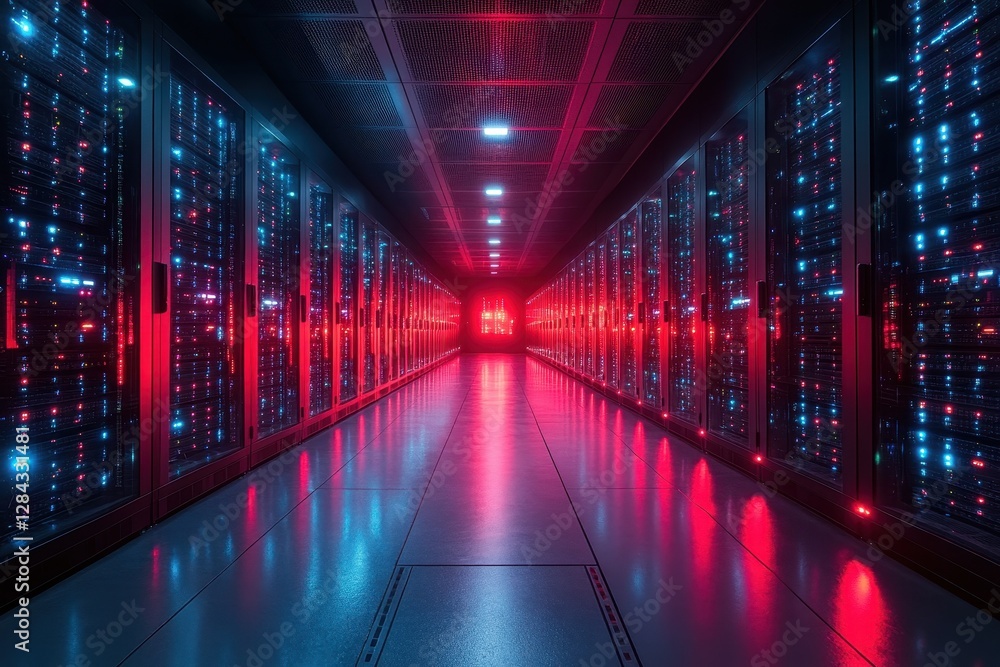 Data center hallway illuminated with red and blue lights showcasing advanced technology after hours Data center hallway illuminated with red and blue lights showcasing advanced technology after hours