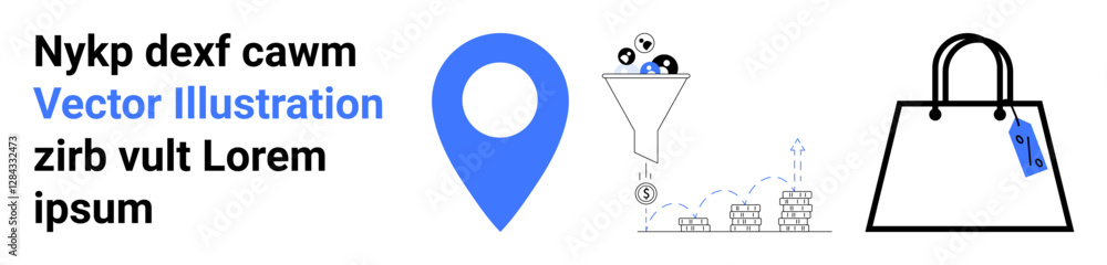 Location pin, marketing funnel processing icons, stacked coins, shopping bag with tag. Ideal for marketing, e-commerce, analytics, sales, finances location services flat landing page banner Location pin, marketing funnel processing icons, stacked coins, shopping bag with tag. Ideal for marketing, e-commerce, analytics, sales, finances location services flat landing page banner