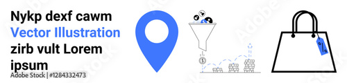 Location pin, marketing funnel processing icons, stacked coins, shopping bag with tag. Ideal for marketing, e-commerce, analytics, sales, finances location services flat landing page banner