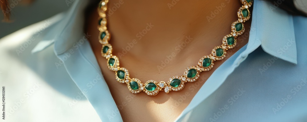 Fototapeta premium Elegant gold necklace with green gemstones on female model wearing blue top