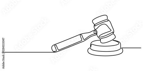 Gavel Continuous Line Icon, One continuous single line of judge hammer isolated on white background, Judge's gavel continuous one line drawing minimalism design isolated on white background, vector.