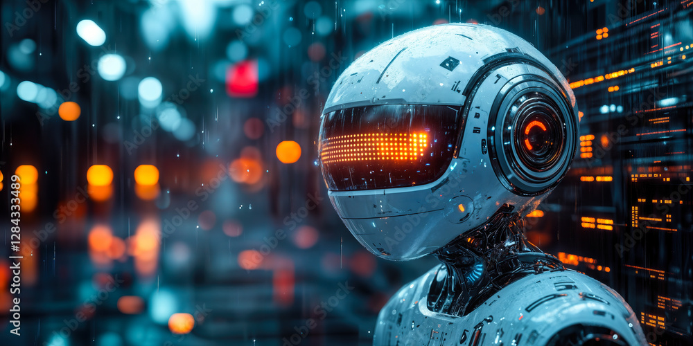 Futuristic AI Robot with Digital Interface in Urban Setting Symbolizing Advanced Conversational Artificial Intelligence Development Futuristic AI Robot with Digital Interface in Urban Setting Symbolizing Advanced Conversational Artificial Intelligence Development
