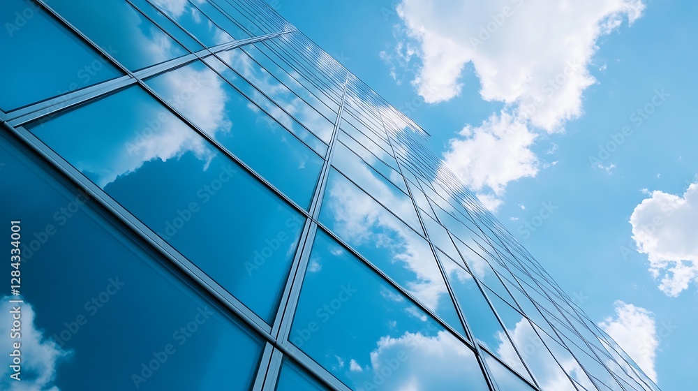 Obraz premium Modern architectural design with glass facade reflecting the clouds in a blue sky : Generative AI