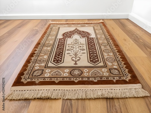 Ornate prayer rug with intricate floral design on light beige background.