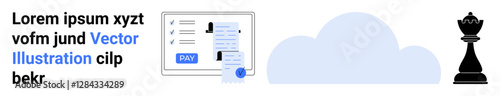 Online payment receipt, cloud computing graphic, and chess piece emphasize digital finance, file sharing, and strategy. Ideal for fintech, tech security, cloud systems, planning strategy abstract