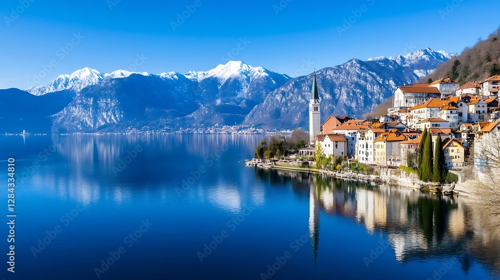 Fototapeta premium Breathtaking Panoramic View of a Serene Mountain Lake Reflecting Clear Blue Sky and Village : Generative AI