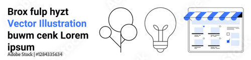 Balloon outline, light bulb icon, and sample website layout with blue accents beside placeholder text. Ideal for content planning, website design, creativity, innovation, abstract concepts, mockups