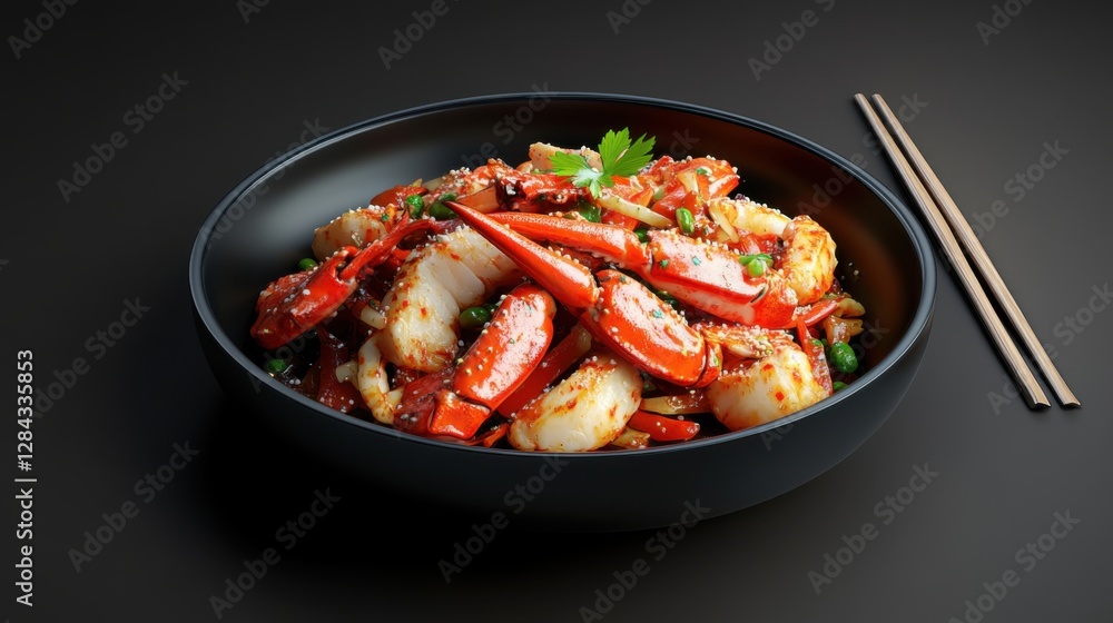Delicious Stir-Fried Shrimp and Vegetables in a Black Bowl Delicious Stir-Fried Shrimp and Vegetables in a Black Bowl