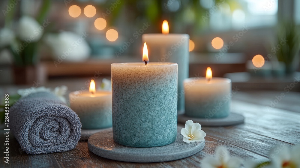 The spa room's candles create a calming aroma on the table. For a spa treatment, the white and gray candles are set beautifully. They foster a feeling of calm and quiet. The spa room's candles create a calming aroma on the table. For a spa treatment, the white and gray candles are set beautifully. They foster a feeling of calm and quiet.