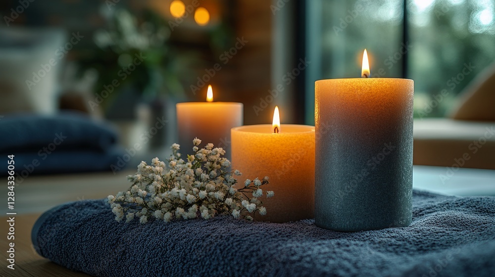 The spa room's candles create a calming aroma on the table. For a spa treatment, the white and gray candles are set beautifully. They foster a feeling of calm and quiet. The spa room's candles create a calming aroma on the table. For a spa treatment, the white and gray candles are set beautifully. They foster a feeling of calm and quiet.
