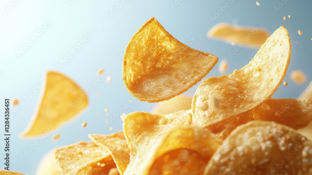 Crispy potato chips flying against a blue background with crumbs Crispy potato chips flying against a blue background with crumbs