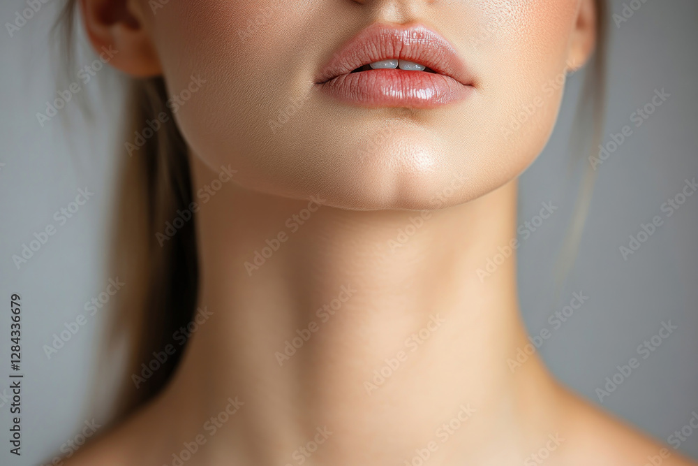 close-up of the lower part of the face and neck of a young woman. Her lips are slightly parted, and her skin looks smooth, well-groomed and radiant. close-up of the lower part of the face and neck of a young woman. Her lips are slightly parted, and her skin looks smooth, well-groomed and radiant.