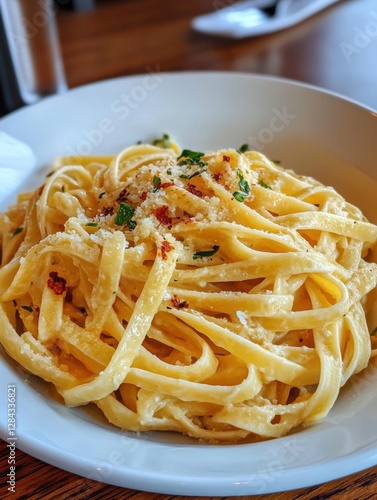 A plate of pasta with cheese and herbs.