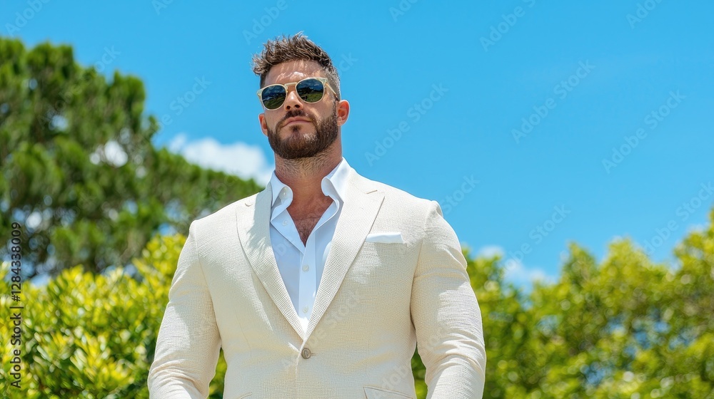 Man in light beige suit, sunglasses, outdoors, sunny day. Possible use Fashion, lifestyle, business portrait Man in light beige suit, sunglasses, outdoors, sunny day. Possible use Fashion, lifestyle, business portrait