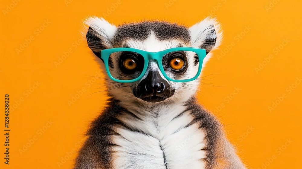 A quirky lemur adorned with stylish glasses stands against a vivid orange backdrop in a playful zoo setting A quirky lemur adorned with stylish glasses stands against a vivid orange backdrop in a playful zoo setting