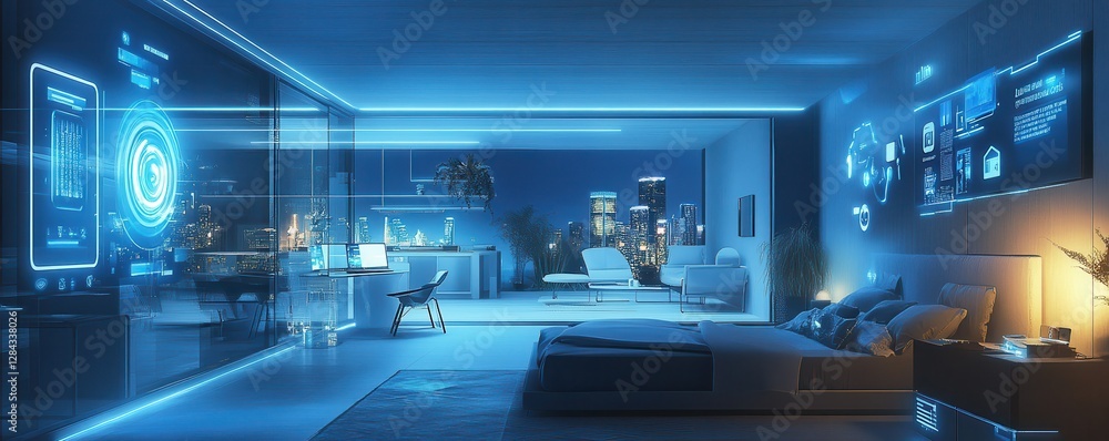 Futuristic smart home bedroom with city view and high-tech displays at night Futuristic smart home bedroom with city view and high-tech displays at night