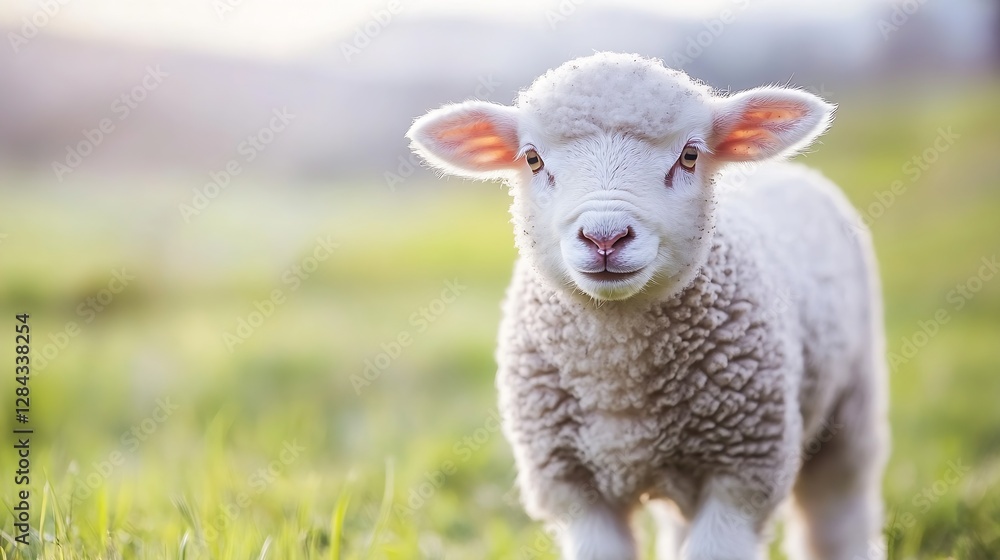 Cute curious young lamb walking towards the camera in a peaceful green pasture at sunset : Generative AI Cute curious young lamb walking towards the camera in a peaceful green pasture at sunset : Generative AI