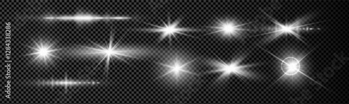 A collection of luminous white light effects including starburst and lens flare set on a transparent background.