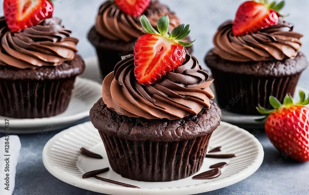 A close-up of a chocolate cupcake with chocolate frosting and a chocolate-dipped strawberry on top A close-up of a chocolate cupcake with chocolate frosting and a chocolate-dipped strawberry on top