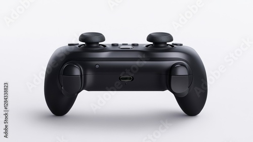 A sleek, black game controller is shown from a top-down view, featuring thumbsticks and a USB-C port, Ideal for gaming blogs, articles on gaming accessories, or e-commerce product listings, photo