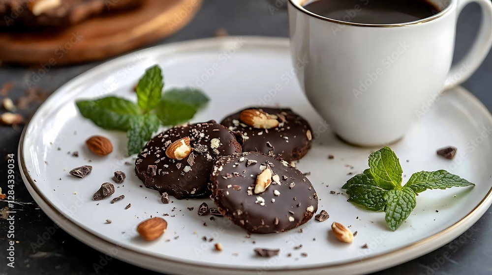 A cup of black coffee served with chocolate coated cookies sprinkled with nuts garnished with fresh mint leaves on a white plate A cup of black coffee served with chocolate coated cookies sprinkled with nuts garnished with fresh mint leaves on a white plate