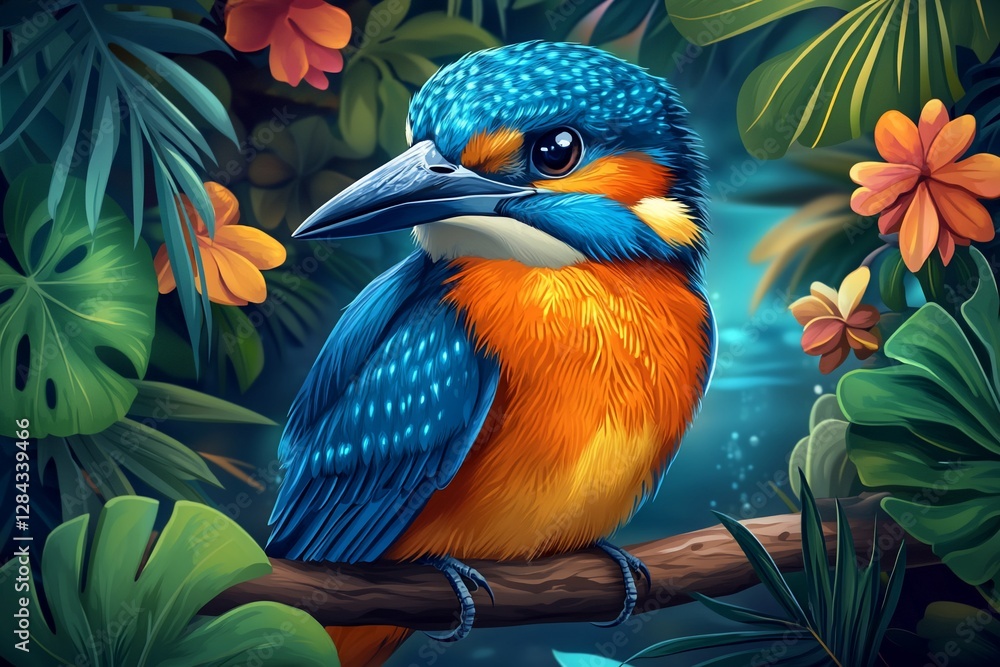 Obraz premium Kingfisher Bird Perched on Branch, Lush Tropical Leaves and Flowers Background
