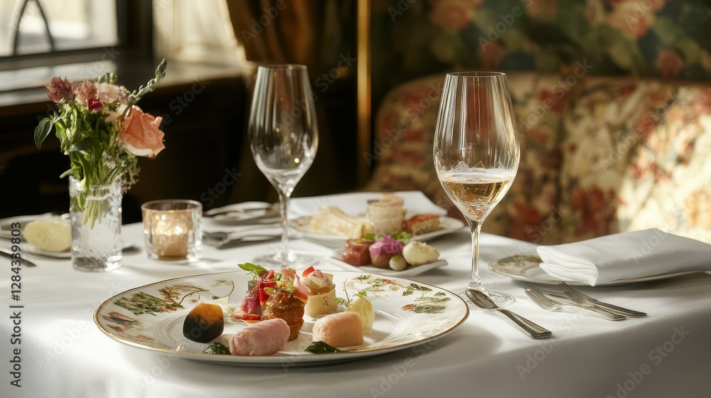 Elegant fine dining table setting with exquisite gourmet plating and wine Elegant fine dining table setting with exquisite gourmet plating and wine